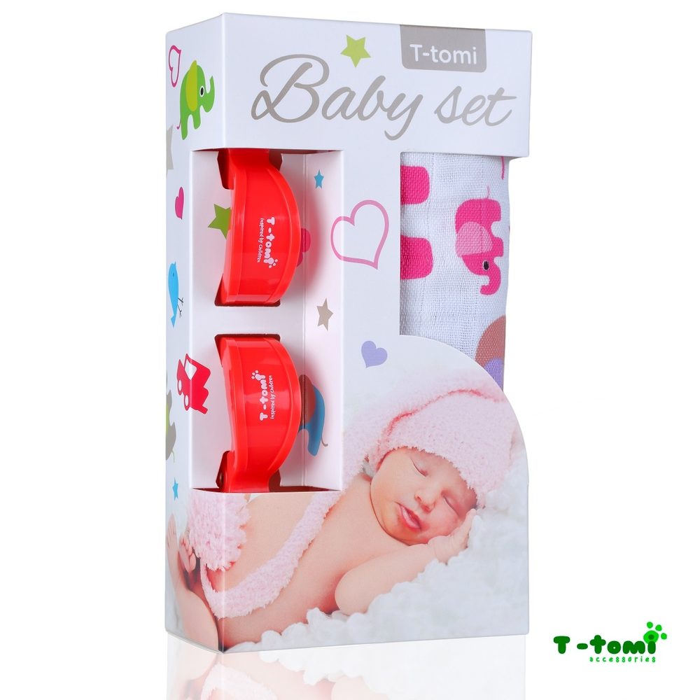 T-Tomi Baby SET Bambusová osuška s potiskem + kočárkový kolíček - růžoví sloni / červený