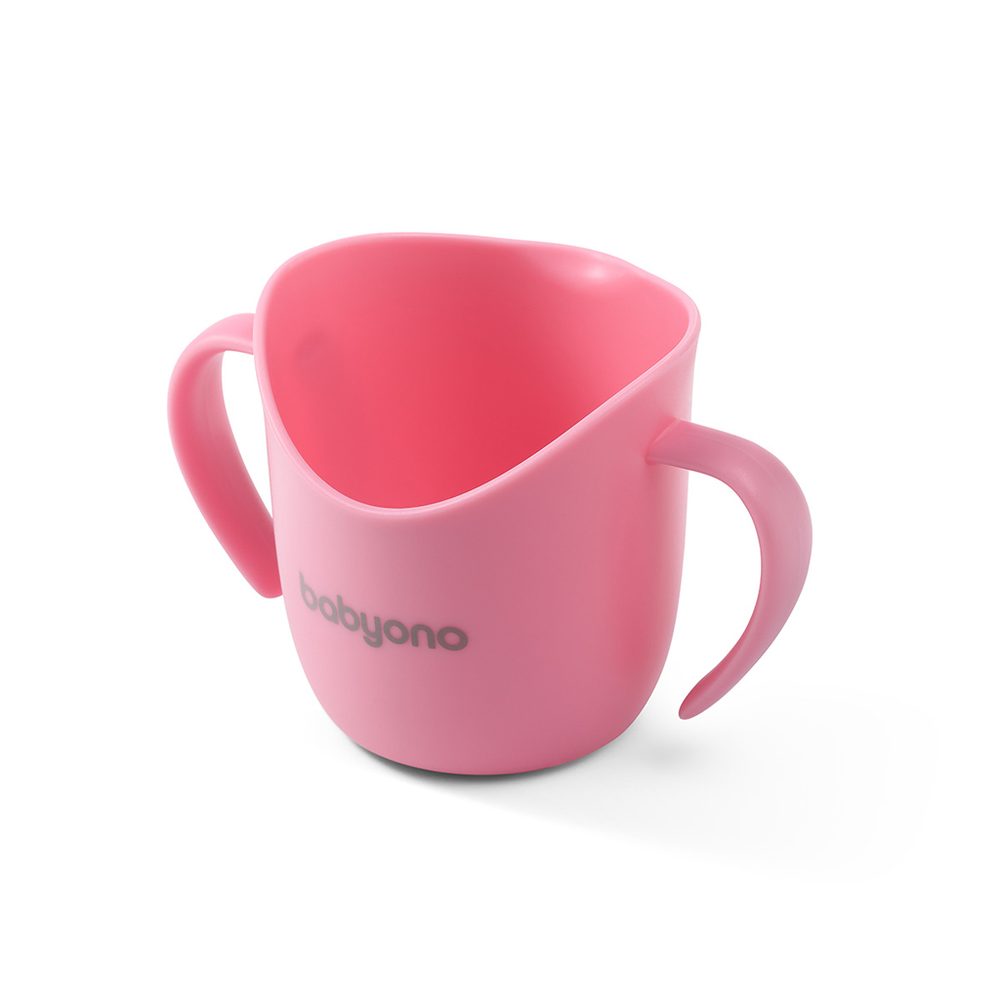 Levně BABYONO Hrnek ergonomický s oušky 120 ml broskvový 6m+ - BABYONO Hrnek ergonomický s oušky 120 ml růžový 6m+