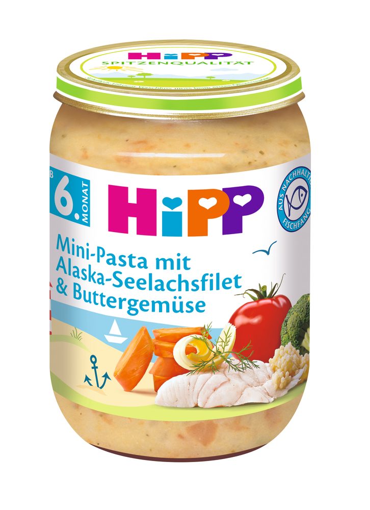 HiPP Mini těstoviny s aljašskou treskou v máslové zelenině