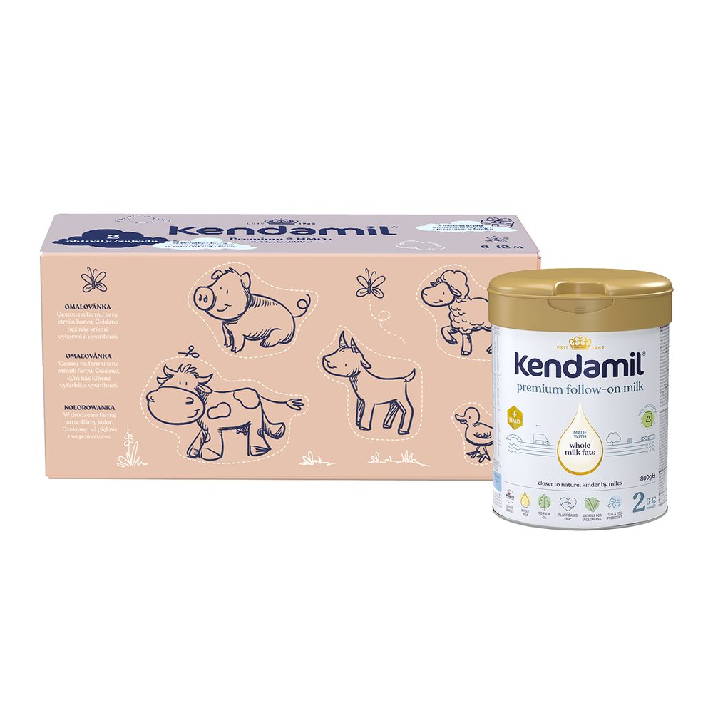 Kendamil Premium 2 HMO+, 2,4 kg (3× 800 g), kreativní balení s dárkem