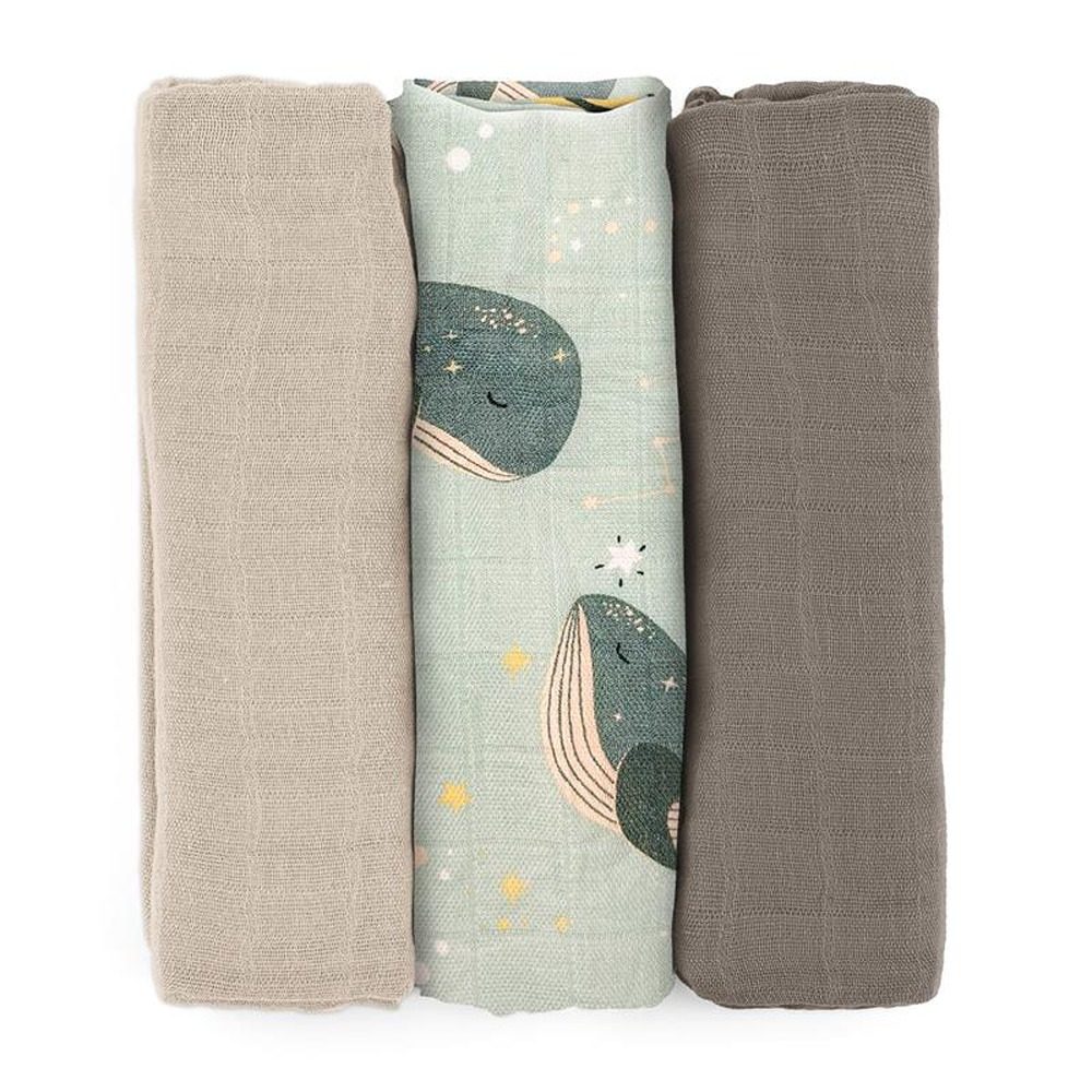 PETITE&MARS Sada plen bambusová mušelínová 3ks Moussy Botanic Tones 68 x 68 cm - PETITE&MARS Sada plen bambusová mušelínová 3ks Moussy Whale Song 68 x 68 cm