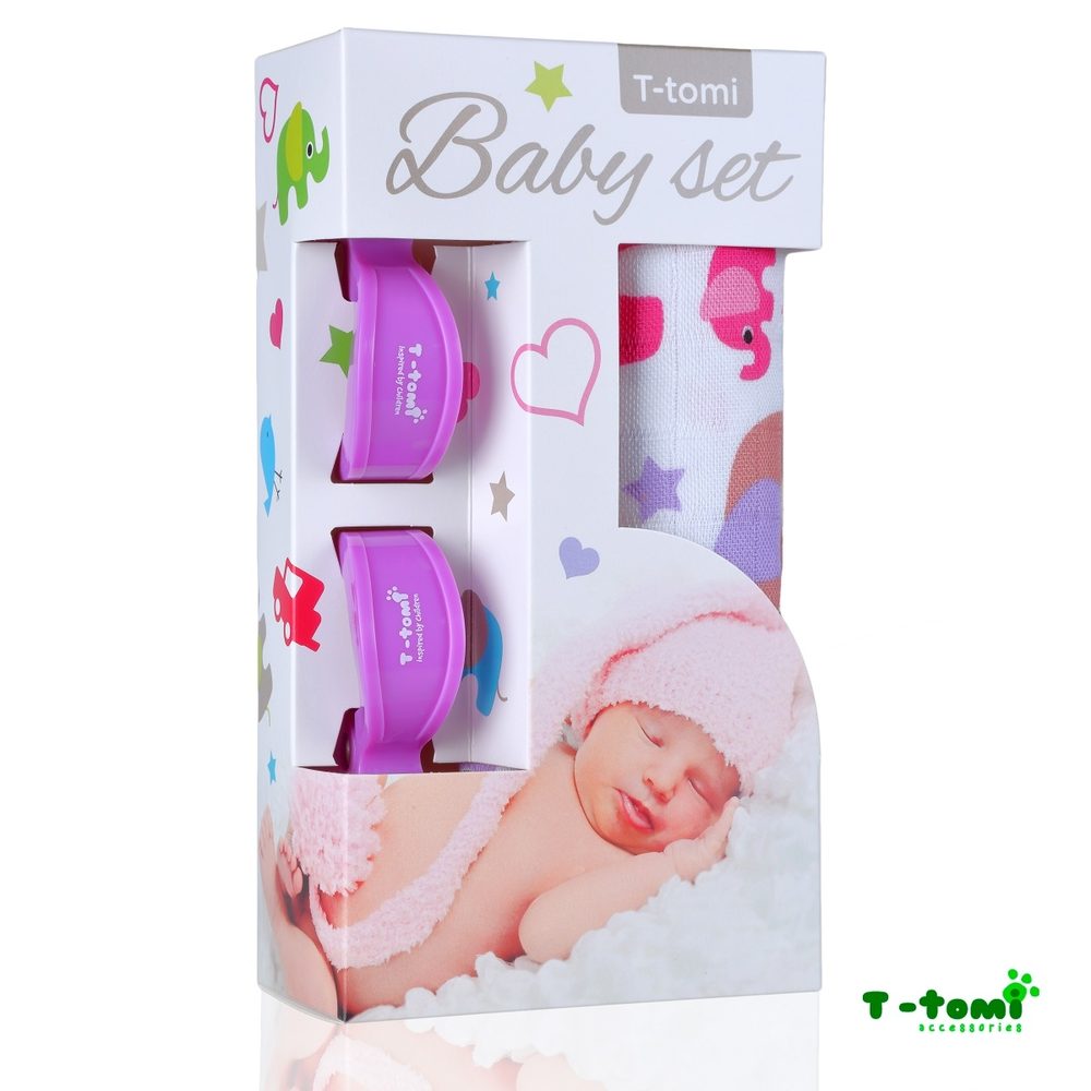 T-Tomi Baby SET Bambusová osuška s potiskem + kočárkový kolíček - růžoví sloni / fialový