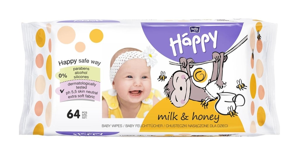 Bella Baby HAPPY čistící ubrousky mléko a med 64 ks - Bella Baby Happy -  Vlhčené ubrousky - Malvík.cz