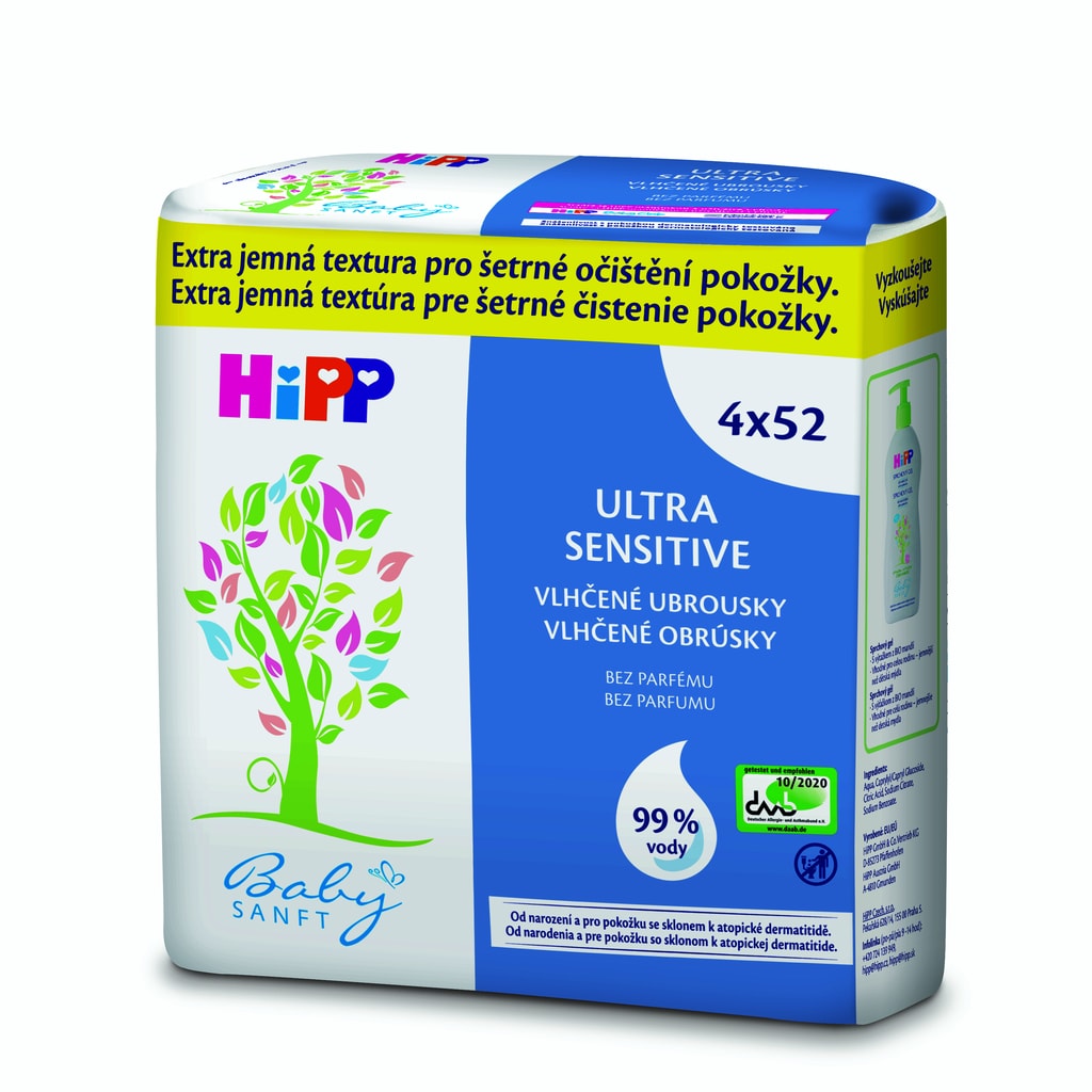 HiPP Babysanft Čistící vlhčené ubrousky ULTRA SENSITIVE bez parfému 4x52ks  - HiPP - Vlhčené ubrousky - Malvík.cz