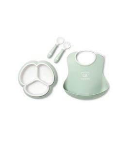 BABYBJÖRN 4 DÍLNÝ JÍDELNÍ SET S DĚLENÝM TALÍŘKEM PUDROVĚ ZELENÝ - VÝHODNÉ SADY - KRMENÍ