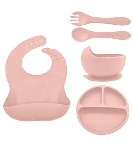 FILLIKID DĚTSKÁ JÍDELNÍ SADA SILIKON 4-DÍLNÝ SET PINK - VÝHODNÉ SADY - KRMENÍ