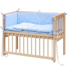 SCARLETT DĚTSKÁ POSTÝLKA BABY PŘÍRODNÍ S KOMPLETNÍ VÝBAVOU MÉĎA MODRÁ 90X41 CM - DŘEVĚNÉ POSTÝLKY - SPINKÁNÍ