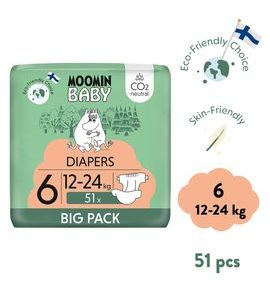 MOOMIN BABY 6 MAXI 12-24 KG (51 KS), EKO PLENKY - JEDNORÁZOVÉ PLENY - PŘEBALOVÁNÍ