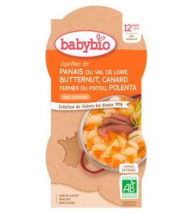 BABYBIO PASTINÁK S MÁSLOVOU DÝNÍ, KACHNOU A POLENTOU 2X200 G - MASO/ZELENINA - KRMENÍ