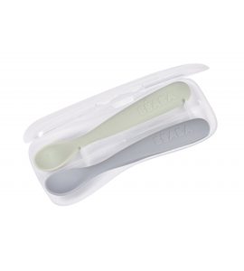 BEABA PRVNÍ LŽIČKY SILIKONOVÉ 2 KS S POUZDREM PEBBLE GREEN - LŽIČKY A PŘÍBORY - KRMENÍ