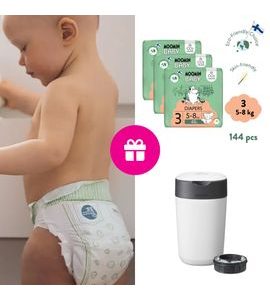 MOOMIN BABY 3 MIDI 5–8 KG (144 KS), MĚSÍČNÍ BALENÍ EKO PLEN + KOŠ ZDARMA - JEDNORÁZOVÉ PLENY - PŘEBALOVÁNÍ