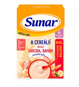 SUNAR MLÉČNÁ KAŠE 8 CEREÁLIÍ PŘÍCHUŤ JAHODA, BANÁN 340G - KAŠE - KRMENÍ
