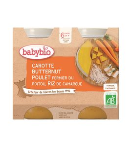 BABYBIO MRKEV S MÁSLOVOU DÝNÍ, KUŘETEM A RÝŽÍ 2X200 G - MASO/ZELENINA - KRMENÍ