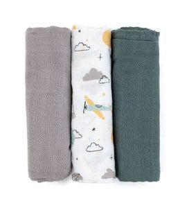 PETITE&MARS SADA PLENEK BAMBUSOVÁ MUŠELÍNOVÁ 3KS MOUSSY GREY PLANES, 68 X 68 CM - LÁTKOVÉ PLENY ALL IN ONE - PŘEBALOVÁNÍ