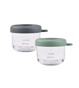 BEABA KELÍMKY NA JÍDLO SKLENĚNÉ 2X 150 ML GREEN GREY - USKLADNĚNÍ JÍDLA - KRMENÍ