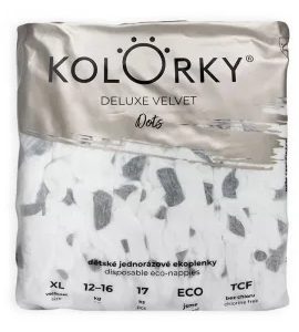 KOLORKY DELUXE VELVET DOTS XL (12-16 KG) 17 KS JEDNORÁZOVÉ EKO PLENKY SE SAMETOVÝM POVRCHEM - JEDNORÁZOVÉ PLENY - VŠETKO NA PREBAĽOVANIE