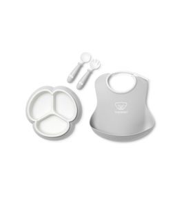 BABYBJÖRN 4 DÍLNÝ JÍDELNÍ SET S DĚLENÝM TALÍŘKEM ŠEDÝ - VÝHODNÉ SADY - KRMENÍ