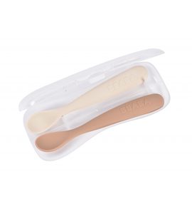 BEABA PRVNÍ LŽIČKY SILIKONOVÉ 2 KS S POUZDREM CLAY PRALINE - LŽIČKY A PŘÍBORY - KRMENÍ