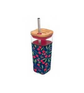 QUOKKA SKLENĚNÝ CESTOVNÍ HRNEK S BRČKEM LIQUID CUBE CHERRIES 540 ML - SPORTOVNÍ LAHVE - KRMENÍ