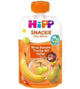 HIPP BIO SNACKIE HRUŠKA-BANÁN-BÍLE HROZNO-OVES - KAPSIČKY - KRMENÍ