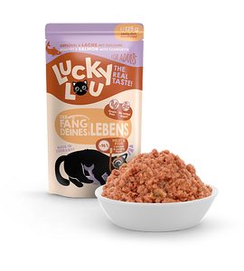 LUCKY LOU LUCKY LOU LIFESTAGE ADULT S DRŮBEŽÍM MASEM A LOSOSEM 125 G - KAPSIČKY PRO KOČKY - CHOVATELSKÉ POTŘEBY MALVÍKZOO