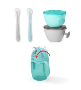 SKIP HOP SET JÍDELNÍ S HRNKEM 5 KS EASY-FEED MEALTIME SET TEAL / GREY 6M+ - VÝHODNÉ SADY - KRMENÍ