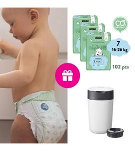 MUUMI BABY PANTS 7 XL 16-26 KG (102 KS), MĚSÍČNÍ BALENÍ KALHOTKOVÝCH EKO PLEN + KOŠ ZDARMA - JEDNORÁZOVÉ PLENY - PŘEBALOVÁNÍ