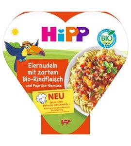 HIPP VAJEČNÉ NUDLE S ZELENINOU A PAPRIKOU A JEMNÝM BIO HOVĚZÍM MASEM 250 G - MASO/ZELENINA - KRMENÍ