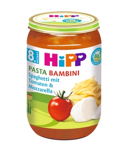 HIPP BIO RAJČATA SE ŠPAGETAMI A MOZZARELLOU- PASTA BAMBINI - BEZMASÝ - MASO/ZELENINA - KRMENÍ