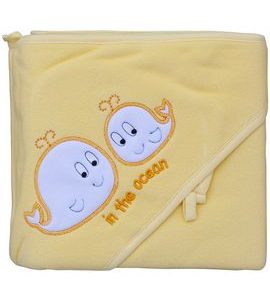 SCARLETT FROTÉ RUČNÍK S KAPUCÍ VELRYBY ŽLUTÁ - OSUŠKY A DĚTSKÉ ŽUPANY - KOUPÁNÍ A ZDRAVÍ