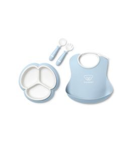 BABYBJÖRN 4 DÍLNÝ JÍDELNÍ SET S DĚLENÝM TALÍŘKEM PUDROVĚ MODRÝ - VÝHODNÉ SADY - KRMENÍ
