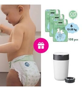 MUUMI BABY PANTS 6 JUNIOR 12-20 KG (108 KS), MĚSÍČNÍ BALENÍ KALHOTKOVÝCH EKO PLEN + KOŠ ZDARMA - JEDNORÁZOVÉ PLENY - PŘEBALOVÁNÍ