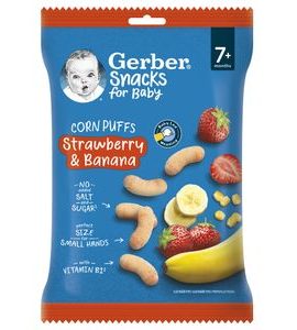 GERBER SNACKS KUKUŘIČNÉ KŘUPKY JAHODA A BANÁN 28 G - TYČINKY/SUŠENKY - KRMENÍ