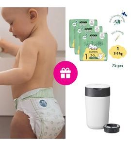 MOOMIN BABY 1 NEWBORN 2–5 KG (75 KS), MĚSÍČNÍ BALENÍ EKO PLEN + KOŠ ZDARMA - JEDNORÁZOVÉ PLENY - PŘEBALOVÁNÍ