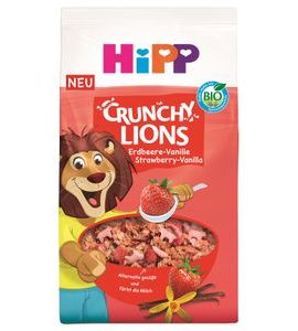 HIPP BIO KŘUPAVÉ LION MÜSLI JAHODA-VANILKA 300 G - CEREÁLIE - KRMENÍ