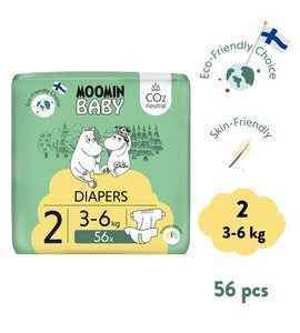 MOOMIN BABY 2 NEWBORN 3–6 KG (56 KS), EKO PLENY - JEDNORÁZOVÉ PLENY - PŘEBALOVÁNÍ
