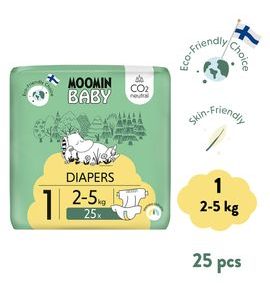 MOOMIN BABY 1 NEWBORN 2–5 KG (25 KS), EKO PLENY - JEDNORÁZOVÉ PLENY - PŘEBALOVÁNÍ