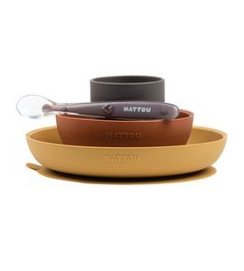 NATTOU JÍDELNÍ SET SILIKONOVÝ 4KS HNĚDO-TERAKOTOVÝ BEZ BPA - VÝHODNÉ SADY - KRMENÍ