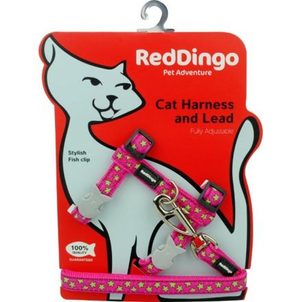 Red Dingo Postroj RD s vodítkem - kočka- Stars Lime/Hot Pink