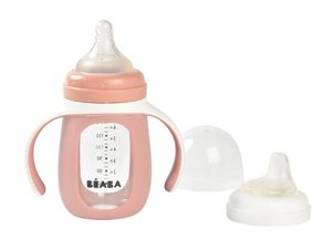 Beaba Kojenecká láhev skleněná 2v1 210ml se silikonovou ochranou Pink