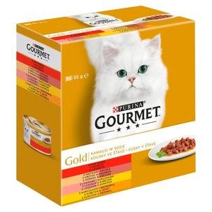 Gourmet Gold Multipack 8x85g hovězí/krůta s kachnou/losos s kuřetem/kuře s játry ve šťávě