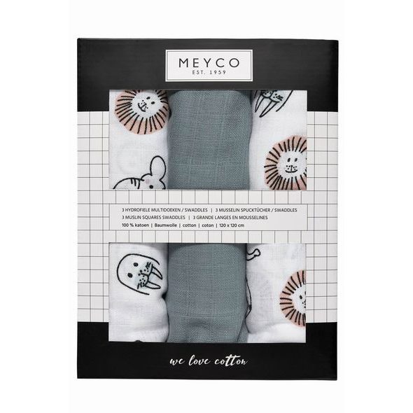 MEYCO PLENY 3-BALENÍ ANIMAL/UNI STONE GREEN/ANIMAL - ZAVINOVACÍ PLENY / OSUŠKY VELKÉ - PŘEBALOVÁNÍ