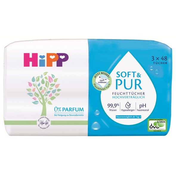HIPP BABYSANFT ČISTÍCÍ VLHČENÉ UBROUSKY SOFT&PUR + VÍČKO 3X48 KS - VLHČENÉ UBROUSKY - PŘEBALOVÁNÍ