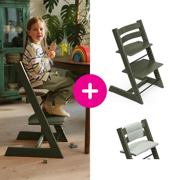 STOKKE® TRIPP TRAPP® MARBLE GREEN + POLŠTÁŘEK GLACIER GREEN - JÍDELNÍ ŽIDLIČKY DŘEVĚNÉ - KRMENÍ