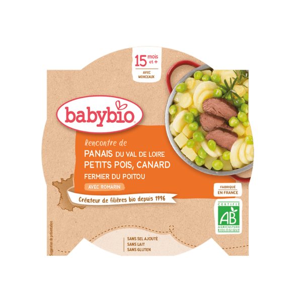 BABYBIO PASTINÁK S HRÁŠKEM A FARMÁŘSKOU KACHNOU 260 G - MASO/ZELENINA - KRMENÍ