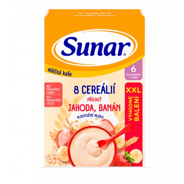 SUNAR MLÉČNÁ KAŠE 8 CEREÁLIÍ PŘÍCHUŤ JAHODA, BANÁN 340G - EXPIRACE 20.5.2026 - KAŠE - KRMENÍ