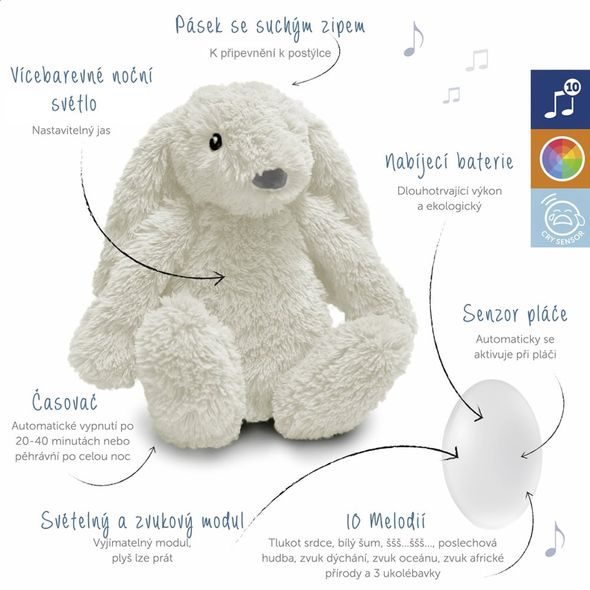ZAZU KRÁLÍČEK RO BÍLÝ - ŠUMÍCÍ ZVÍŘÁTKO S NOČNÍM SVĚTLEM A USB NABÍJENÍM - USÍNÁČCI ŠUMÍCÍ / S TLUKOTEM - PRO DĚTI