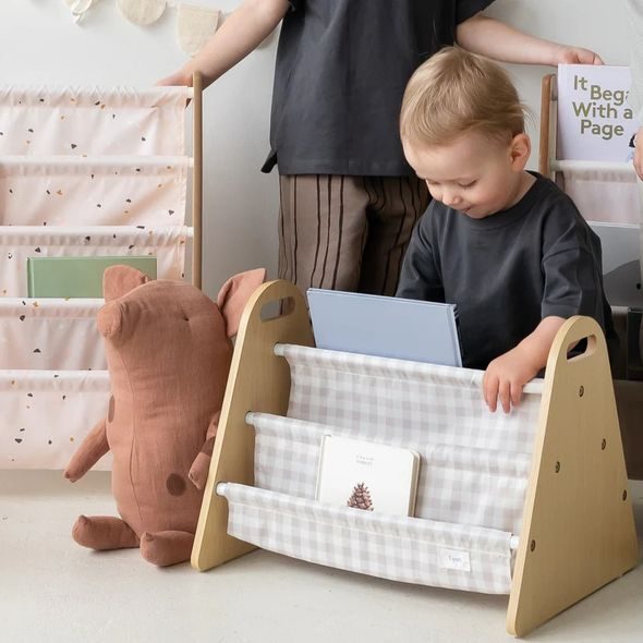 3 SPROUTS OBOUSTRANNÝ STOJAN NA KNÍŽKY GINGHAM BEIGE - DEKORACE A POLIČKY - SPINKÁNÍ