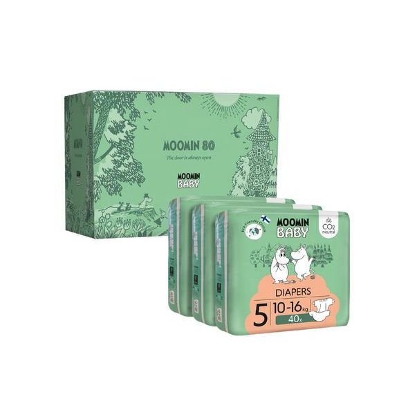 MOOMIN BABY 5 MAXI 10–16 KG (120 KS), JUBILEJNÍ MĚSÍČNÍ BALENÍ EKO PLEN V DÁRKOVÉM BOXU - JEDNORÁZOVÉ PLENY - PŘEBALOVÁNÍ