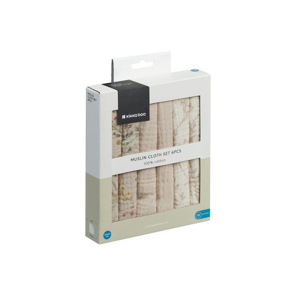 KIKKABOO PLENY MUŠELÍNOVÉ 30X30 CM 6KS SECRET GARDEN BEIGE - LÁTKOVÉ PLENY ALL IN ONE - PŘEBALOVÁNÍ